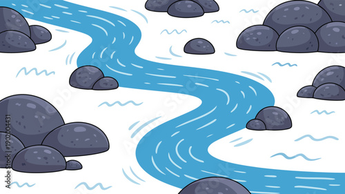 A winding bright blue river flows through a pristine white landscape dotted with numerous dark grey rocks