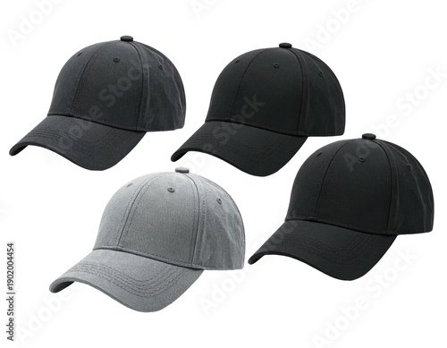 Four simple baseball caps, displayed at slight angles, in varying shades