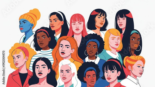 Diverse group of women with different skin tones and hairstyles looking forward with determination and confidence on a white background