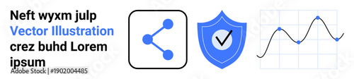 Connectivity, data sharing, cybersecurity, analytics, information security, technology. A sharing icon, a shield with a checkmark and a line graph with data points. Data sharing and cybersecurity