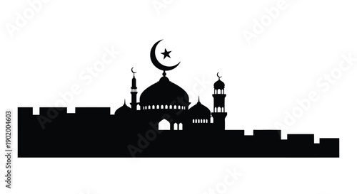 Mosque Silhouette with Crescent Moon