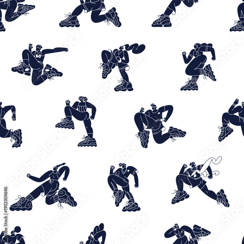 Repeatable pattern of black silhouettes of jogging athletes in marathons and sprints. Endless background of runners' shadows, joggers running in sports competitions. Flat seamless vector illustration