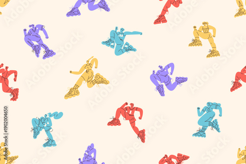 Repeatable pattern of colourful silhouettes of jogging athletes in marathons. Endless background of running shadows of runners and joggers in sports competitions. Flat seamless vector illustration