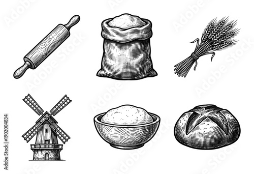 Vintage hand drawn engraving style bread making and bakery icon collection featuring wheat flour windmill and rolling pin on white