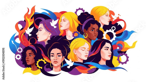 Diverse group of women with colorful hair and gears symbolizing female empowerment and unity in a vibrant illustration