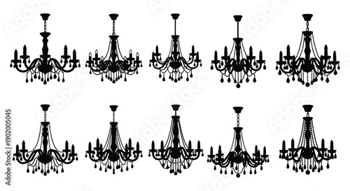 A collection of ornate chandeliers in varying designs presented as a striking black silhouette on transparent background high quality professional detailed