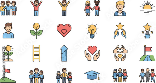 People Success and Motivation Icon Vector Set with Teamwork Growth Goals Education Love Achievement and Positive Life Symbols