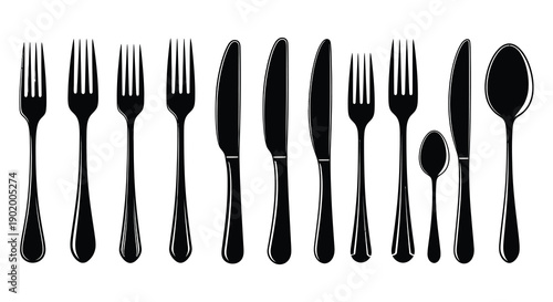 A collection of black cutlery including forks knives and spoons presented as a silhouette on transparent background high quality professional detailed