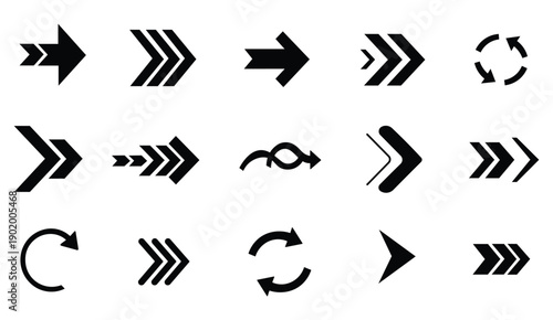 Black arrow icon set with various directional symbols and chevrons for professional designs