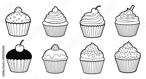 A collection of eight black and white cupcake illustrations showcasing various frosting designs on transparent background silhouette high quality professional detailed modern elegant