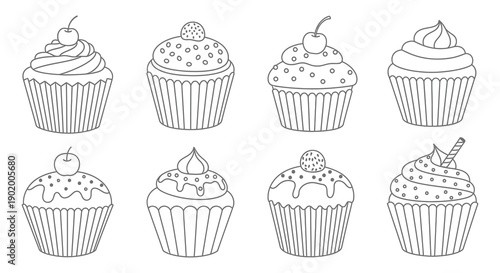 A charming collection of eight hand drawn cupcake illustrations perfect for crafting and design on transparent background silhouette high quality professional detailed