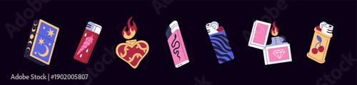Set of different gas fluid and disposable lighters. Fashion accessories with burning fire and various patterns. Stylish equipment with flame to light cigarettes. Flat isolated vector illustrations