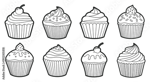 A collection of eight line art cupcakes in various styles presented as a silhouette on transparent background high quality professional detailed modern