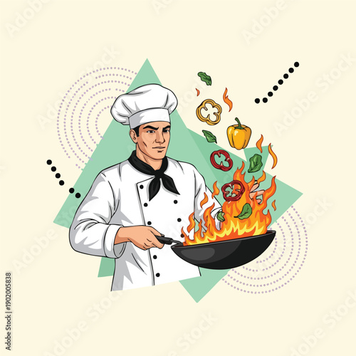 Professional chef cooking with a flaming wok and flying vegetables.
