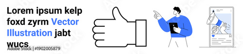 Social media, communication, interaction, digital marketing, user engagement, content creation. Thumbs up symbol, person pointing interface illustration. Social media and communication concept