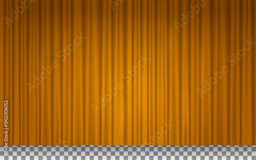 Orange velvet theatre curtain. Luxury silk drapery for movie theater, opera scene, circus or concert. Closed orange curtain for stage isolated on transparent background, vector realistic illustration