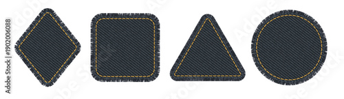 Black denim patches with torn edges. Jean fabric pieces different geometric shapes. Circle, square, triangle and rhombus with denim texture pattern, fringe and embroidery, vector illustration