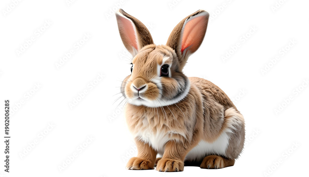 Fototapeta premium Fluffy brown rabbit with large ears and white patches, centered on a black background