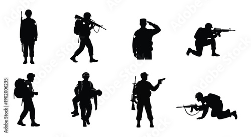 A collection of soldiers in various combat poses depicted as black silhouettes on transparent background high quality professional detailed modern elegant