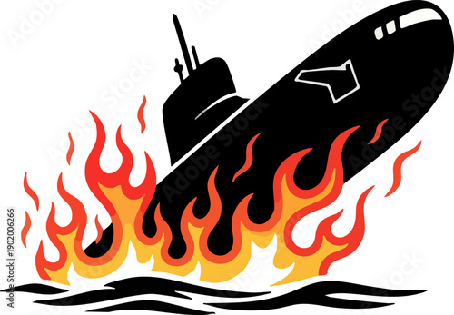 Burning Submarine Icon Nautical Emergency Warning Sign