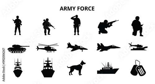 A collection of black silhouettes depicting army forces vehicles and naval equipment on transparent background high quality professional detailed modern elegant