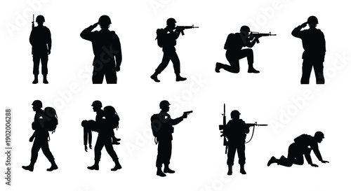 A collection of nine black silhouettes depicting soldiers in various combat poses on transparent background high quality professional detailed modern elegant