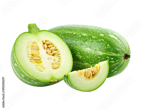 Whole and sliced green melon with speckled skin and yellow flesh