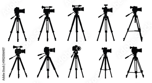 A collection of various camera setups on tripods including handheld cameras displayed as a striking silhouette on transparent background high quality