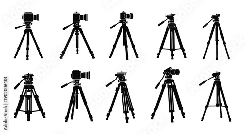 A collection of nine black camera silhouettes mounted on tripods displayed in various styles on transparent background high quality professional detailed