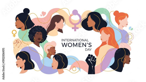 International women's day illustration with diverse women and feminist symbols in pastel colors