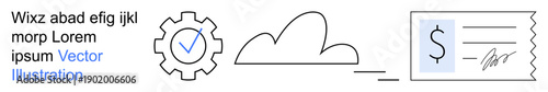 Data management, security systems, payment processing, cloud technology, digital signatures, automation. Gear with checkmark, cloud icon and invoice. Data management and security systems concept