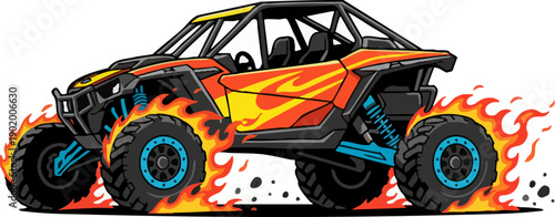 Side by Side UTV Vehicle with Burning Tires Vector Graphic