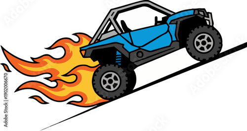 Cartoon Off Road Vehicle Racing Uphill with Flames