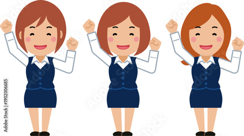 大きな身振りで応援。ネイビー事務服の若い女性