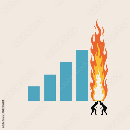 Overheated business graph on fire indicating market volatility