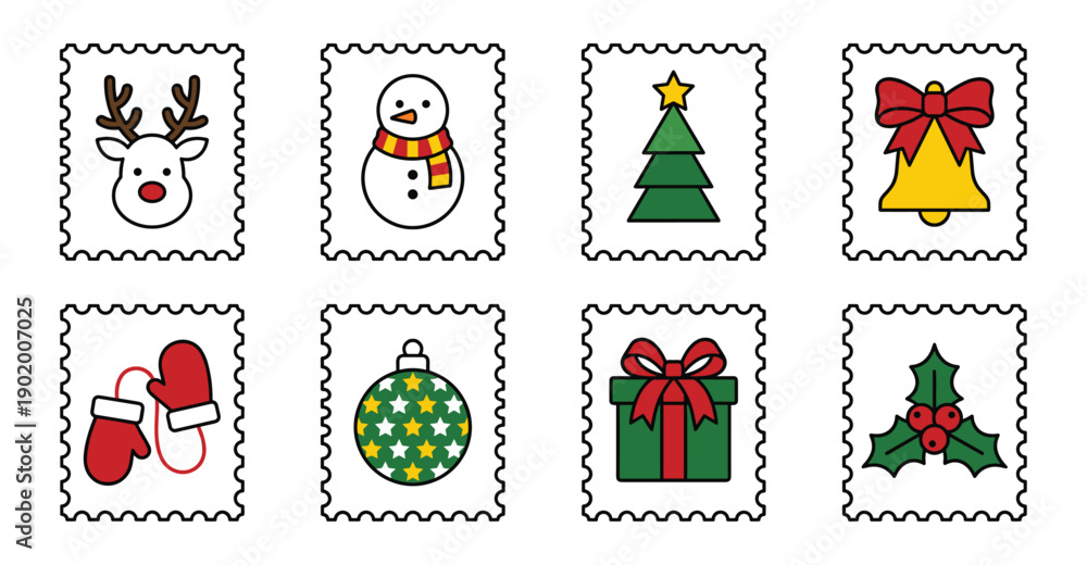 Fototapeta premium Minimalist Christmas Icon Postage Stamp Collection for Holiday Stationery and Winter Scrapbooking Assets