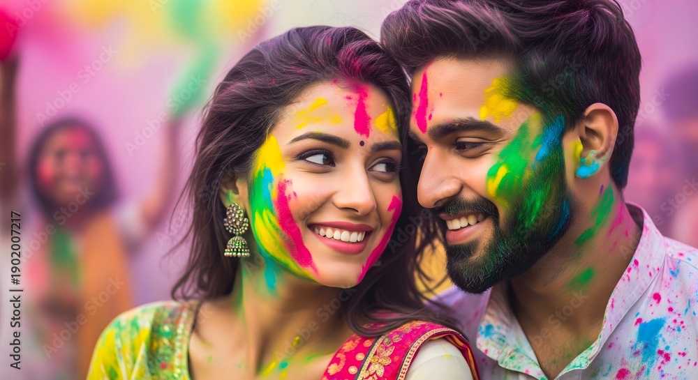 Obraz premium Romantic Indian Couple Celebrating Holi Festival with Colors