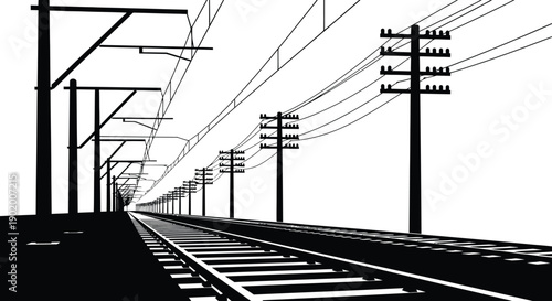 A striking black and white illustration of power lines and railway tracks receding into the distance on transparent background silhouette
