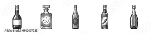 Set of assorted bottles and glass containers in vintage woodcut etching style including spirits beer hot sauce and champagne.