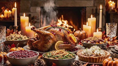 Wallpaper Mural Thanksgiving Feast - A Festive Table with Roasted Turkey and Delicious Dishes. Torontodigital.ca