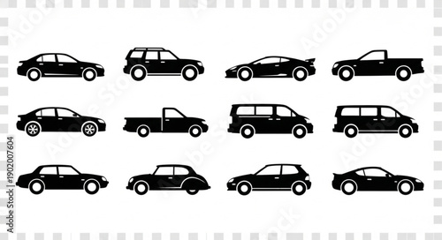 Collection of Black Car Silhouettes on White Background.