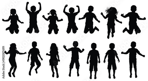 A collection of jumping children silhouettes displaying joyful movement and energy on transparent background high quality professional detailed modern elegant stylish