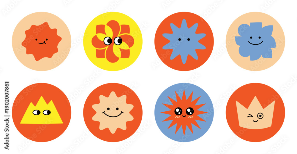 Fototapeta premium Cute Cartoon Character Sticker Set in Retro Minimalist Style
