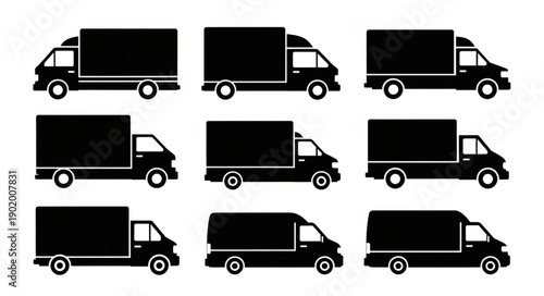 Collection of black delivery truck silhouettes on white background.