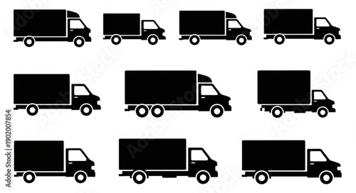 Collection of Black Delivery Truck Silhouettes.