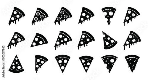 A collection of black pizza slice silhouettes with dripping cheese arranged in a grid on transparent background high quality professional detailed