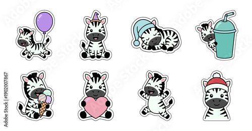 Cute Zebra Character Sticker Set, Cartoon Animal Vector