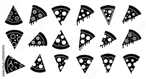 A collection of black pizza slice silhouettes with varying toppings drips and crusts on transparent background high quality professional detailed modern