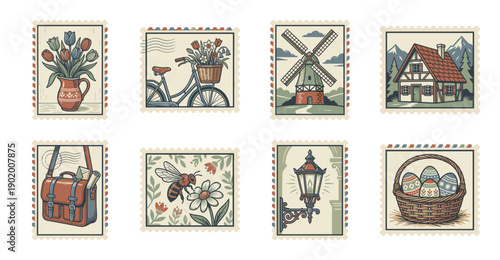 Vintage Hand Drawn European Springtime Postage Stamp Collection for Scalloped Border Stationary Design