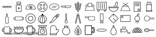 Kitchenware line icon set. Vector pictograms of knife, pot, scale, spoon, plate, cutting board, rolling pin, and ingredients, thin black outline illustration.